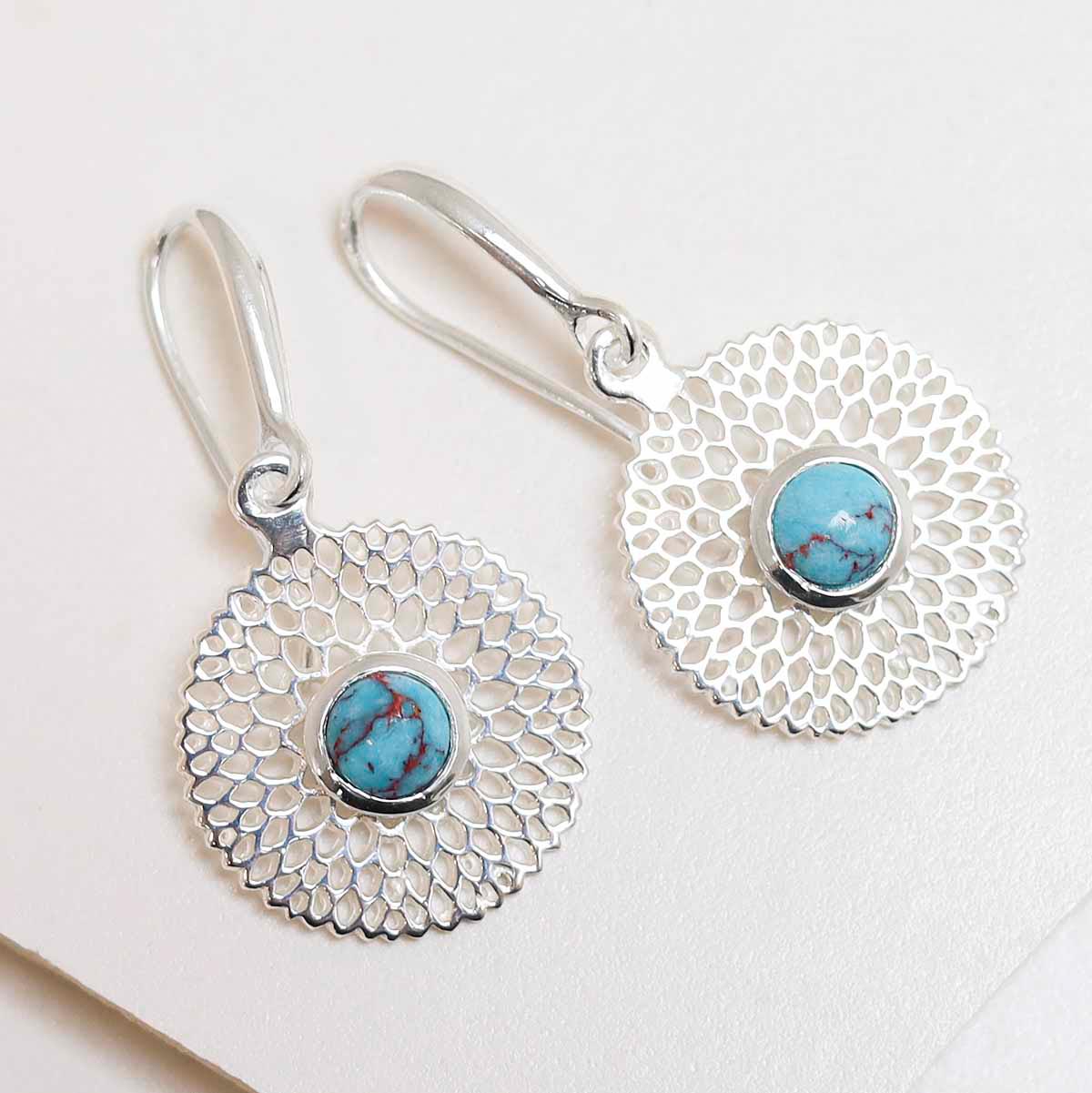 Sterling Silver Chrysanthemum Turquoise Earrings