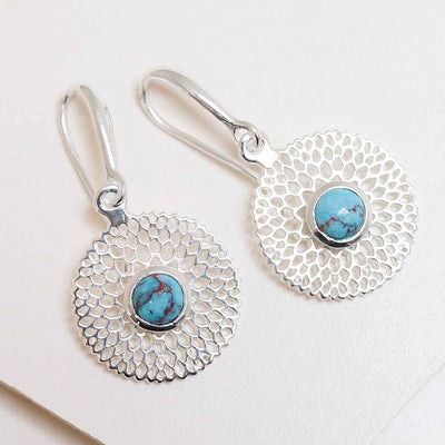 MZB117E TR Sterling Silver Chrysanthemum Turquoise Earrings 1 2