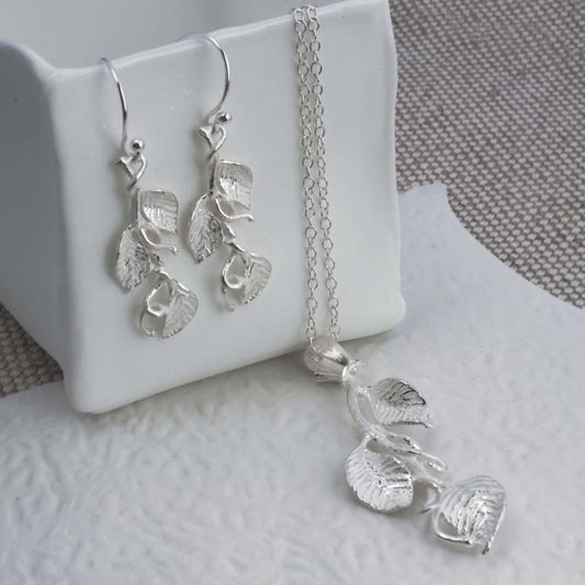 MJ0063S Silver Leaves Necklace and Earrings Jewellery Set 2