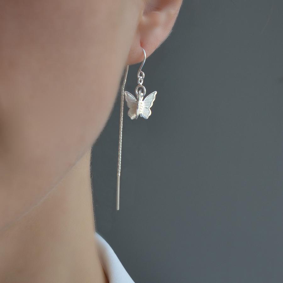 Sterling Silver Butterfly On Threader Chain Earrings