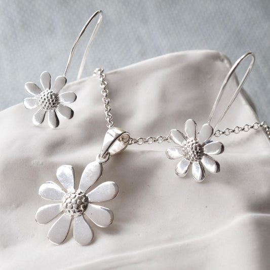 Silver Contemporary Daisy Necklace and Earrings Set MJ0242S 2