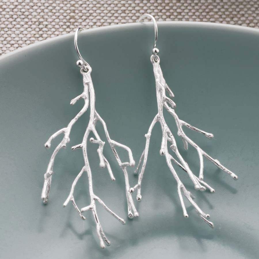 Sterling Silver Twig Branch Dangly Earrings