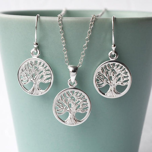 MJ0254N Silver Tree Necklace and earrings jewellery set