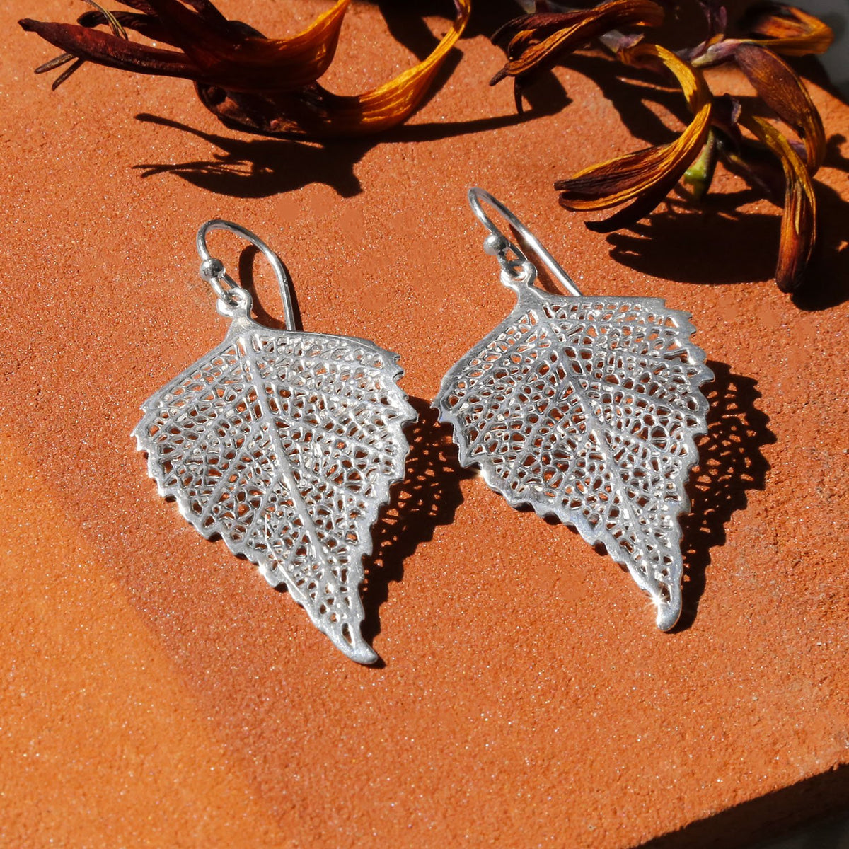 Sterling Silver Large Birch Leaf Earrings