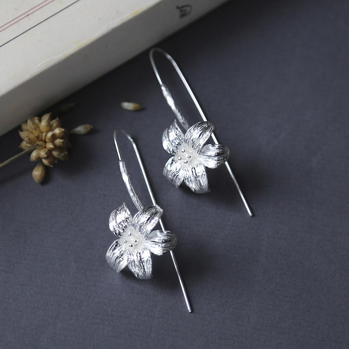 Sterling Silver Blooming Lily Statement Drop Earrings