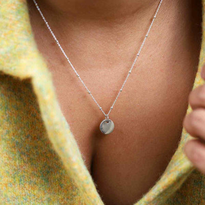 Engravable Sterling Silver Small Tag Necklace on model