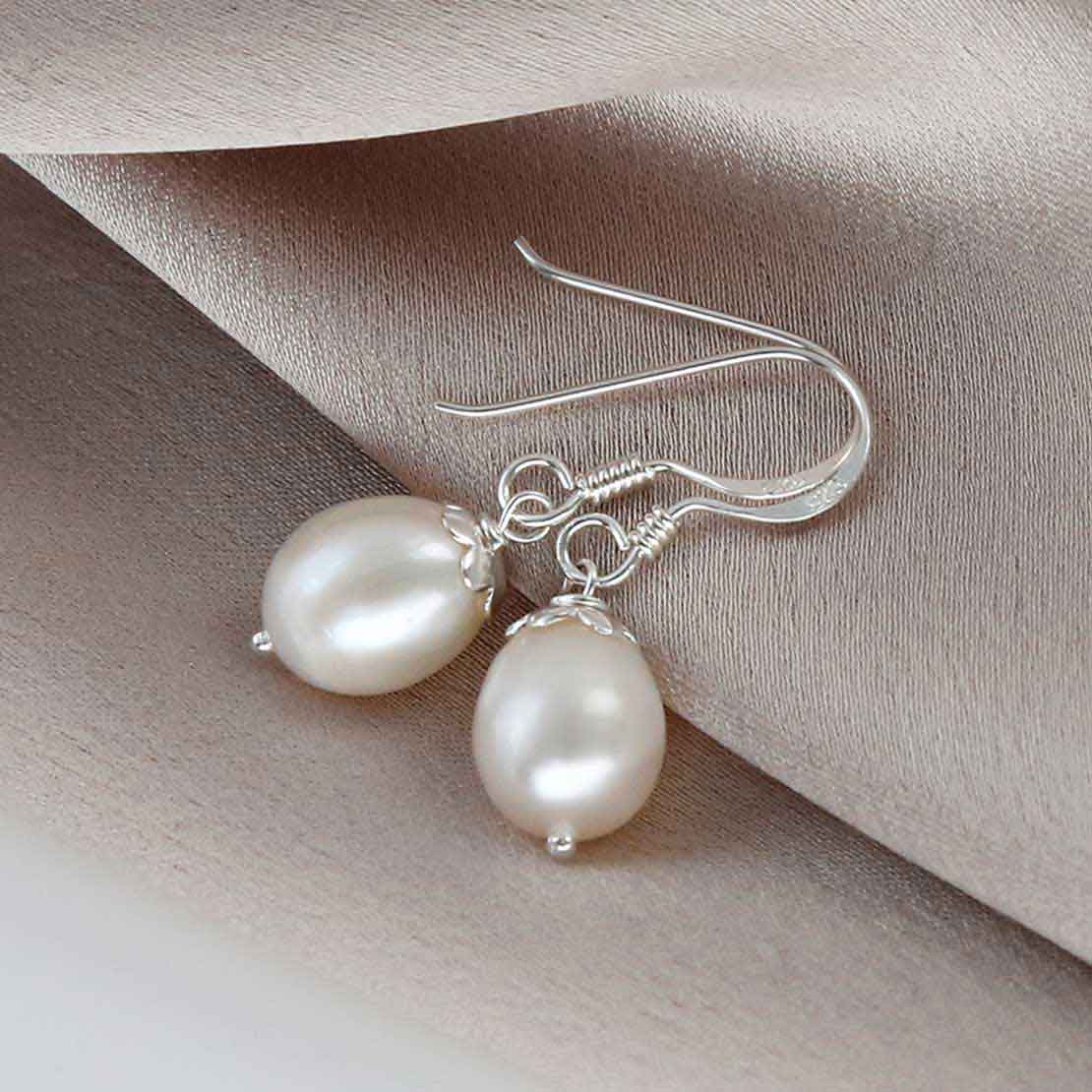 Sterling Silver Dew Drop Pearl Dangly Earrings