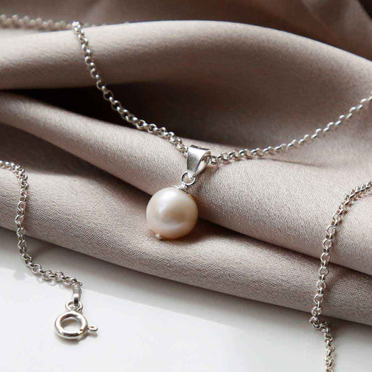 Sterling Silver Round Pearl Pendant Necklace