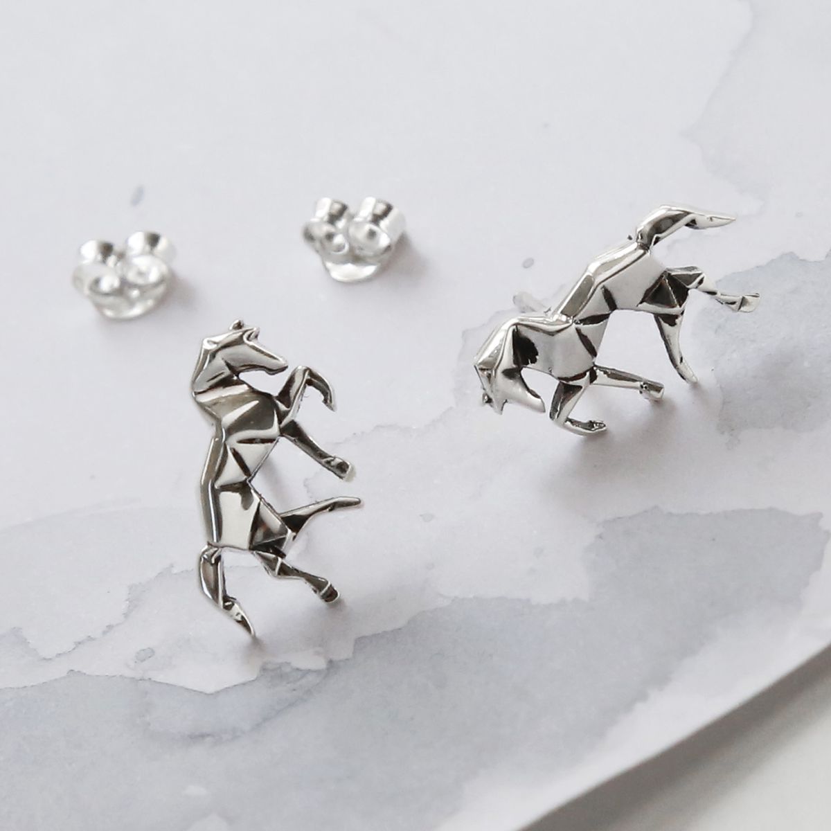 Sterling Silver Polished Origami Horse Studs