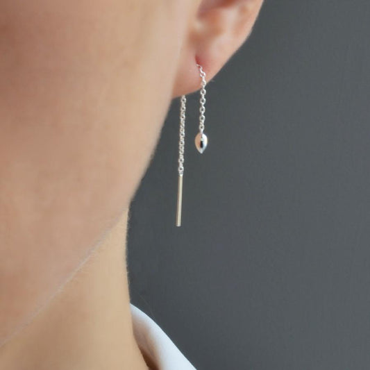 Sterling Silver Heart Threader Chain Earrings