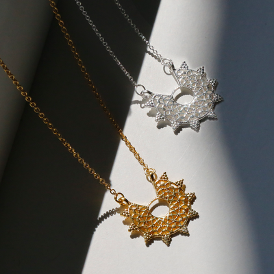 goldandsterlingsilvermedinanecklacesonwhiteandshadowbackground