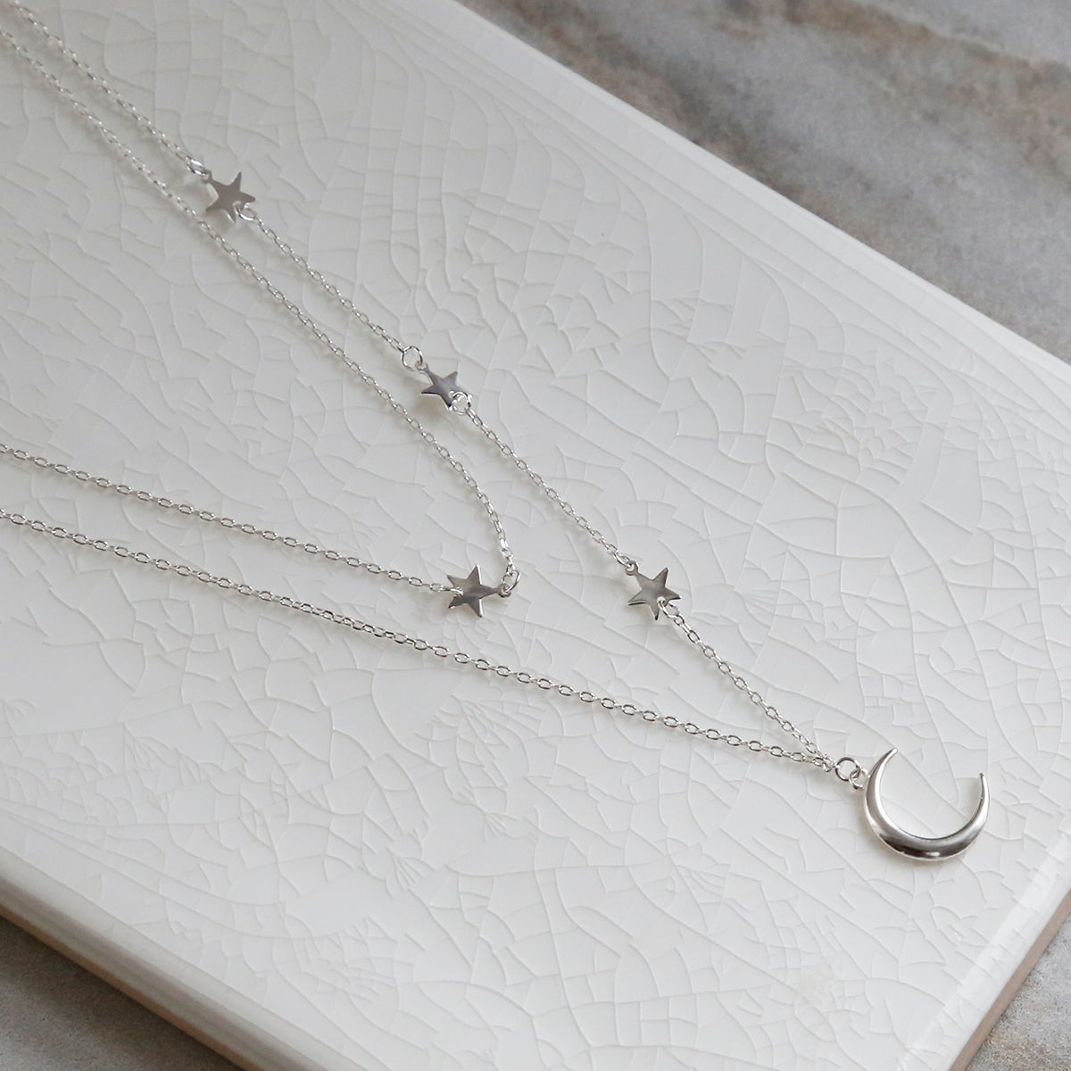 Sterling Silver Moon and Stars Layered Charm Necklace