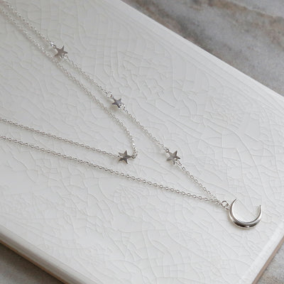 Sterling Silver Moon and Stars Layered Charm Necklace