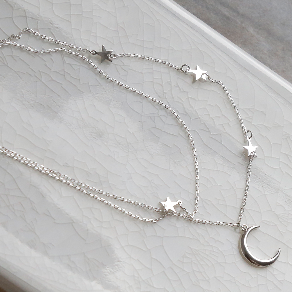 Sterling Silver Moon and Stars Layered Charm Necklace