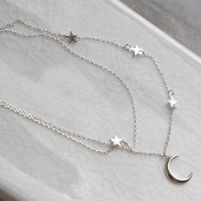 Sterling Silver Moon and Stars Layered Charm Necklace