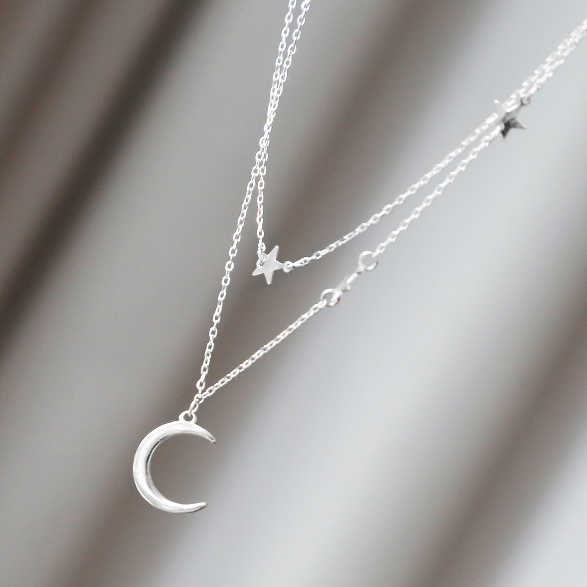 Sterling Silver Moon and Stars Layered Charm Necklace