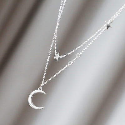 Sterling Silver Moon and Stars Layered Charm Necklace