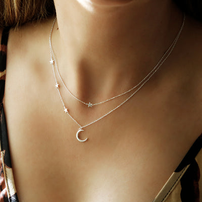 Sterling Silver Moon and Stars Layered Charm Necklace