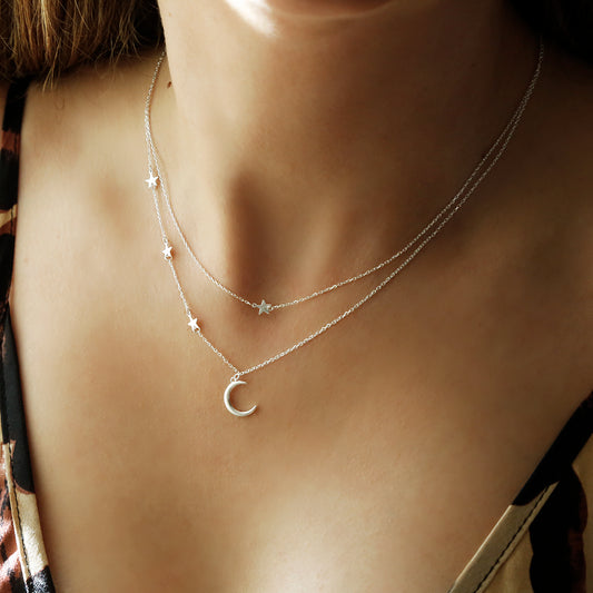 Sterling Silver Moon and Stars Layered Charm Necklace