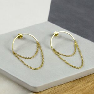 Gold Half Circle Hoops with chain on multi coloured background tile