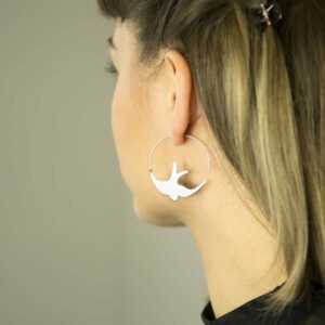 Silver Swallow bird in flight hoop earrings