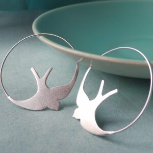 Silver Swallow bird in flight hoop earrings