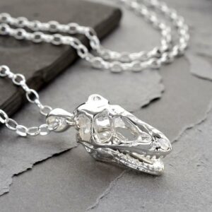 Silver T Rex skull fossil necklace