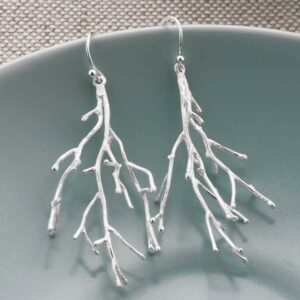 Silver twig branch hanging earrings