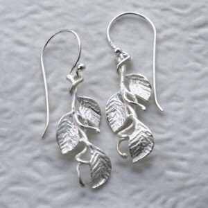 silver three leaves on branch dangly earrings