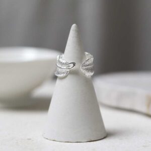Sterling Silver Feather Ring on a ring holder