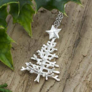 Silver twig christmas tree with five pointed star pendant necklace