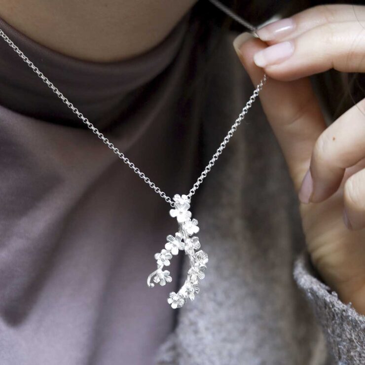 Sterling Silver Forget Me Not Cluster Necklace on model
