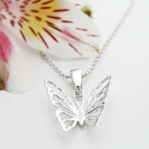 Silver medium butterfly in flight pendant necklace