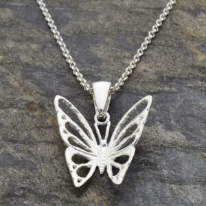 Silver medium butterfly in flight pendant necklace