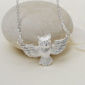 Silver owl in flight pendant necklace