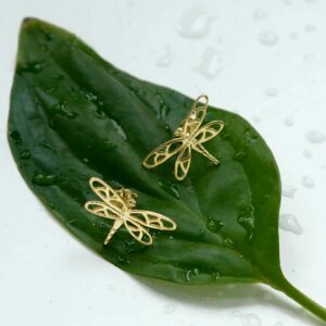 Gold Dragon Fly Earrings on Leaf with water droplet detail