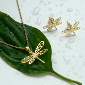 Gold Dragonfly set on green leaf