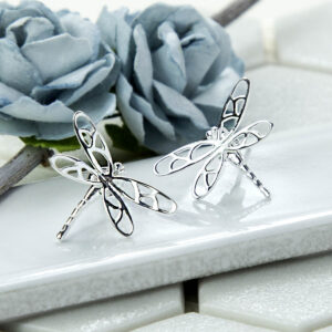 Polished silver dragonfly in flight studs