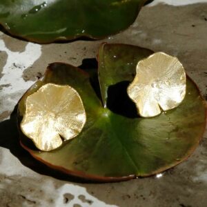 Gold Lilypad stud earrings on lily pad