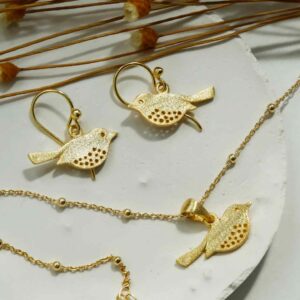 Small Gold plated garden bird hanging earrings and necklace