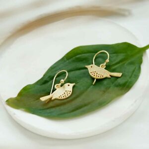 Small Gold plated garden bird hanging earrings