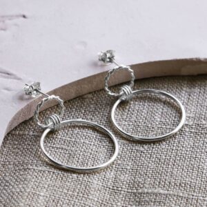 Silver woven wreath hanging hoop earrings