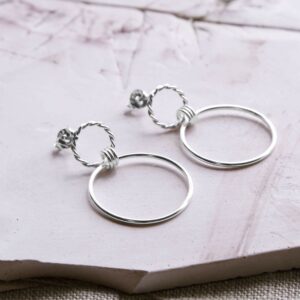 Silver woven wreath hanging hoop earrings