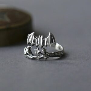 Oxidised silver adjustable bat and moon ring