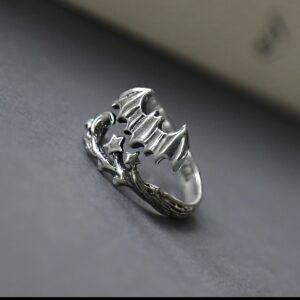 Oxidised silver adjustable bat and moon ring