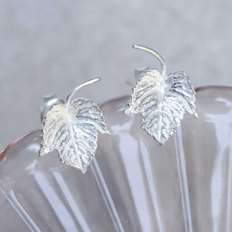 Sterling Silver Ivy Leaf Stud Earrings on jewellery tray