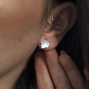 Sterling Silver Ivy Leaf Stud Earrings on model