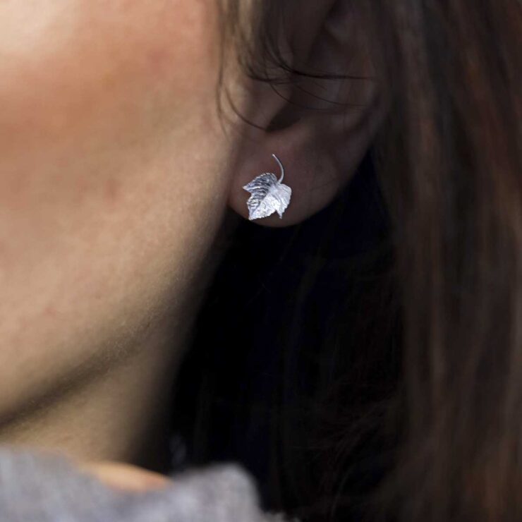 Sterling Silver Ivy Leaf Stud Earrings on model