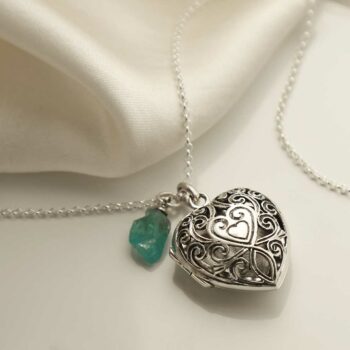MC151 STERLING SILVER VINTAGE HEART LOCKET NECKLACE APATITE 1