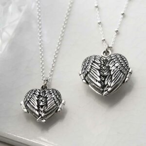 small and large silver heart wings locket